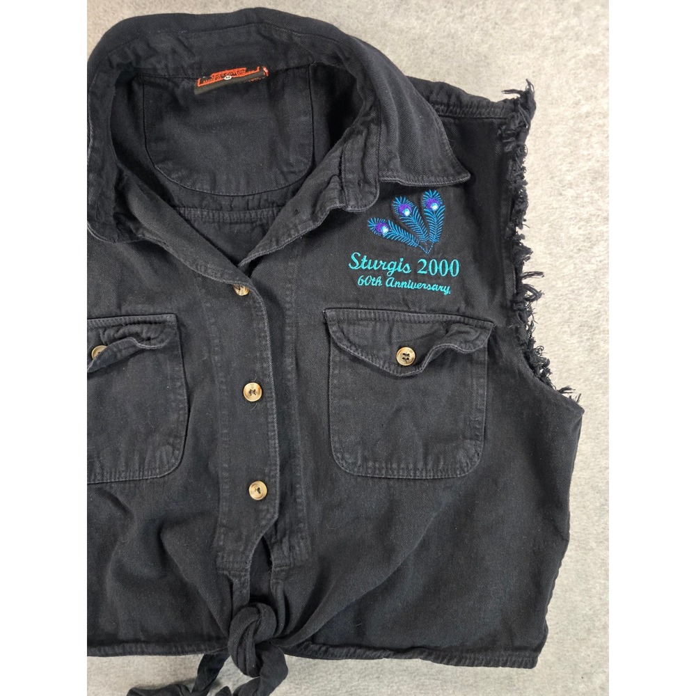 Vintage Y2K Vest Womens M Black Sturgis 2000 60th Anniversary Tie Top Biker